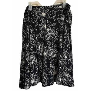 Flare Midi Skirt Black White Floral Pull On Modest Granny Women’s Plus Size 1X